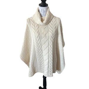 Aran Merino Wool Womens Poncho Sweater Knit Cream One Size